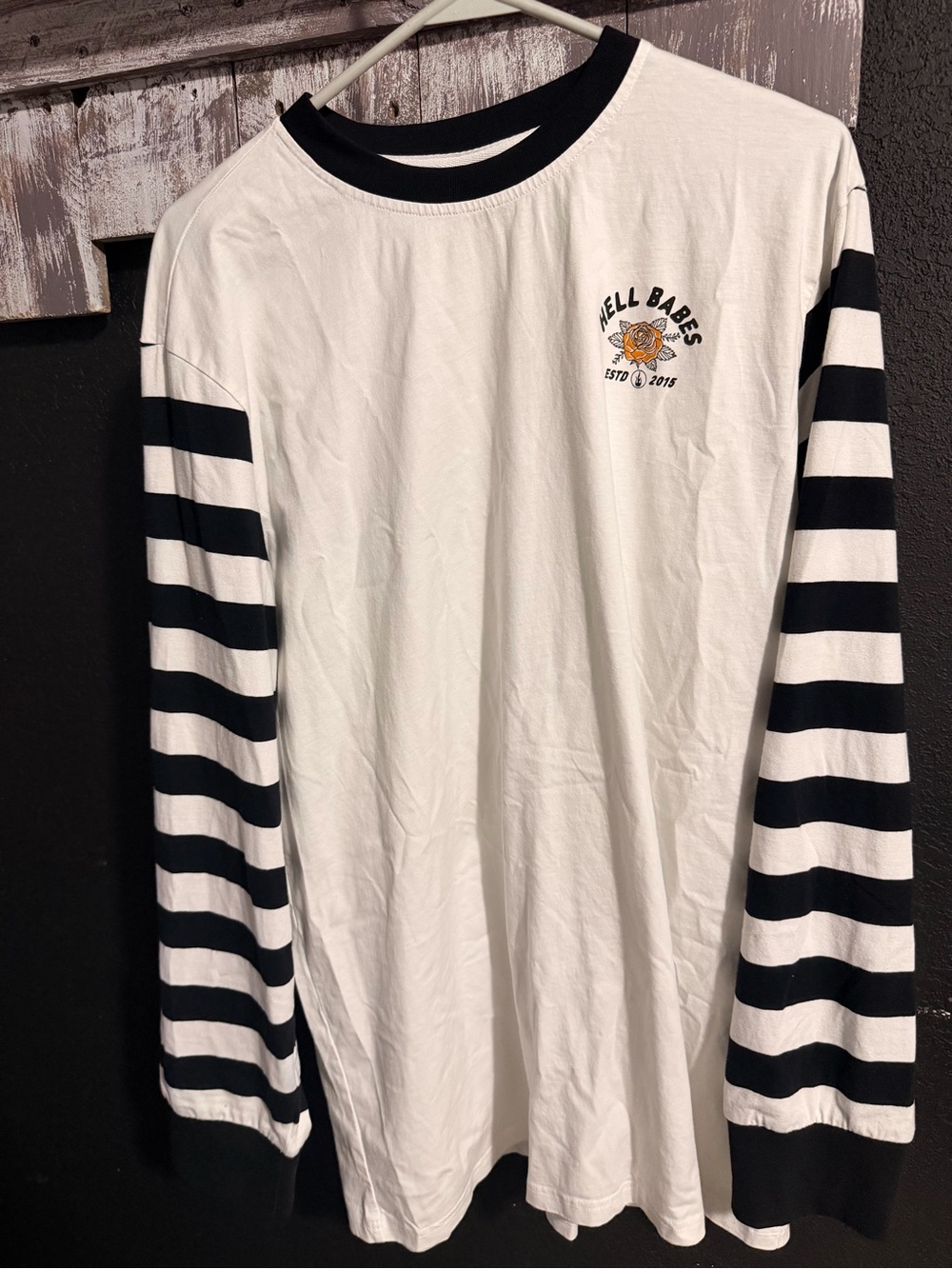 Hell Babes White Long Sleeve Tee with Black Striped Sleeves